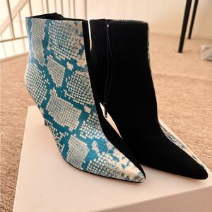 Something Navy Black Suede and Blue Snake Print Ankle Boots